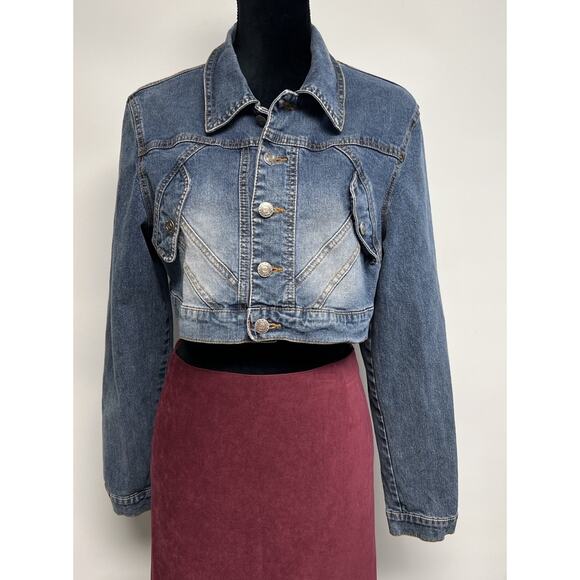 Y2K Deb Blue Denim Distressed Crop Jean Jacket Medium Boho Festival Western - Picture 3 of 9
